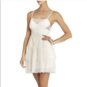 BCBG tiered white cocktail dress with lace